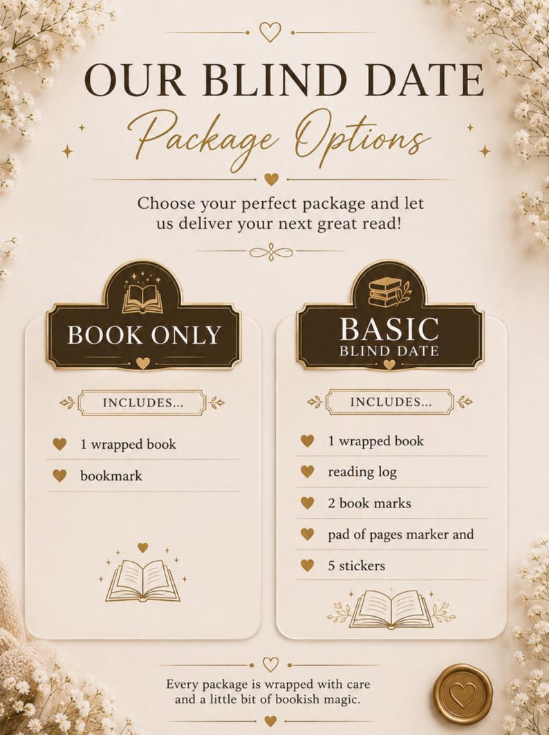 May include: A beige informational sign titled OUR BLIND DATE Package Options. It lists two tiers: BOOK ONLY, including one wrapped book and a bookmark, and BASIC BLIND DATE, including one wrapped book, a reading log, two bookmarks, a page marker, and five stickers.