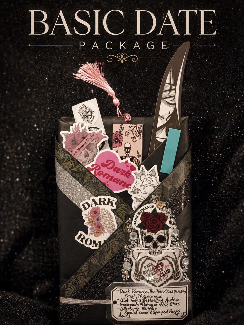 May include: A black wrapped package labeled BASIC DATE PACKAGE featuring various stickers including skulls, flowers, and text reading DARK ROMANCE. A pink tassel bookmark and a knife-shaped cutout are tucked inside. A handwritten tag lists genres.
