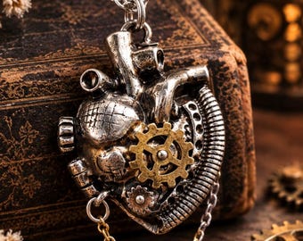 Handmade Steampunk Clockwork Heart Locket on a Silver Steel Chain
