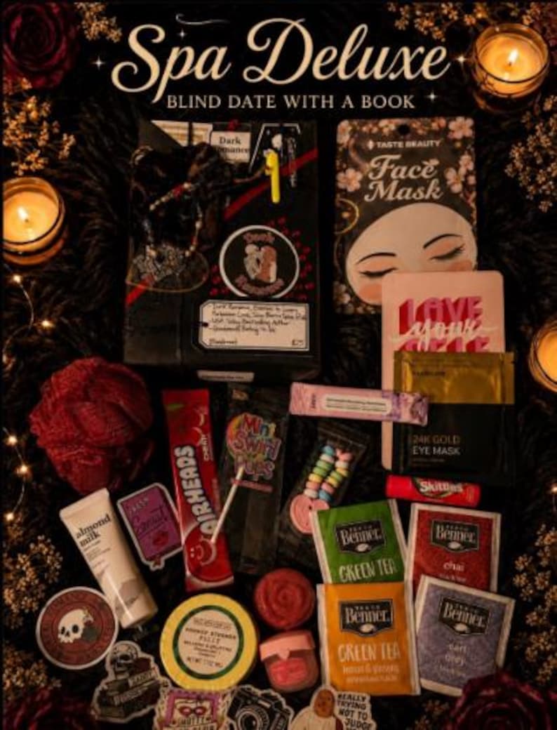 May include: A Spa Deluxe Blind Date with a Book gift set containing a wrapped book, a Taste Beauty face mask, 24K gold eye masks, Bigelow tea bags, Airheads candy, Mint Swirl Pops, Skittles, almond milk lotion, a red bath sponge, and various stickers.
