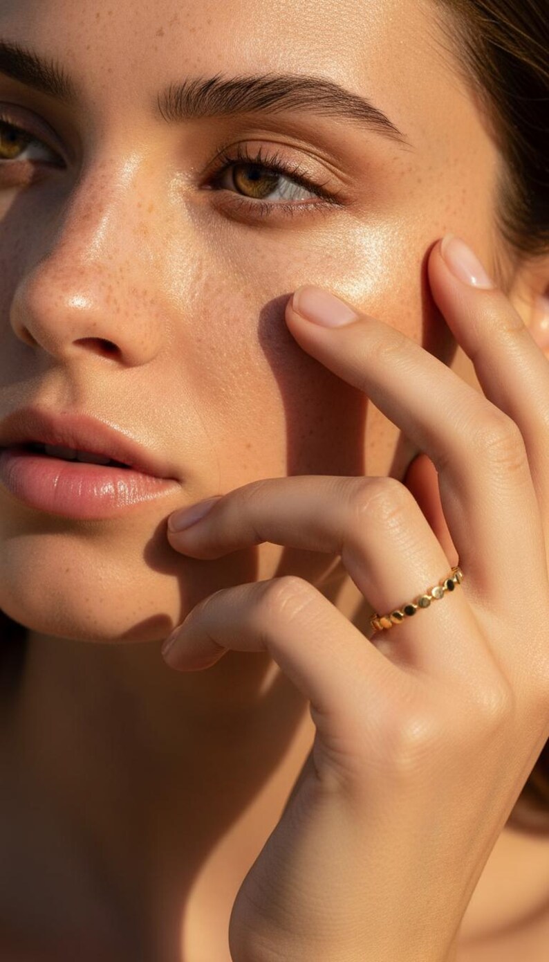 Puede incluir: Primer plano de un rostro y una mano. Un anillo de oro con peque&ntilde;os detalles circulares adorna un dedo. La piel tiene un tono c&aacute;lido, con pecas visibles y un brillo suave y natural. La atenci&oacute;n se centra en el anillo y la piel.