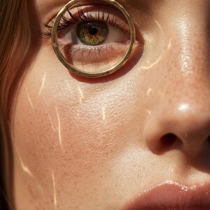 Puede incluir: Primer plano de un rostro con un anillo dorado que enmarca el ojo. El ojo es verde con largas pesta&ntilde;as. La piel tiene pecas y est&aacute; iluminada por la luz del sol, creando un juego de luces y sombras. Los labios son brillantes y rosados.