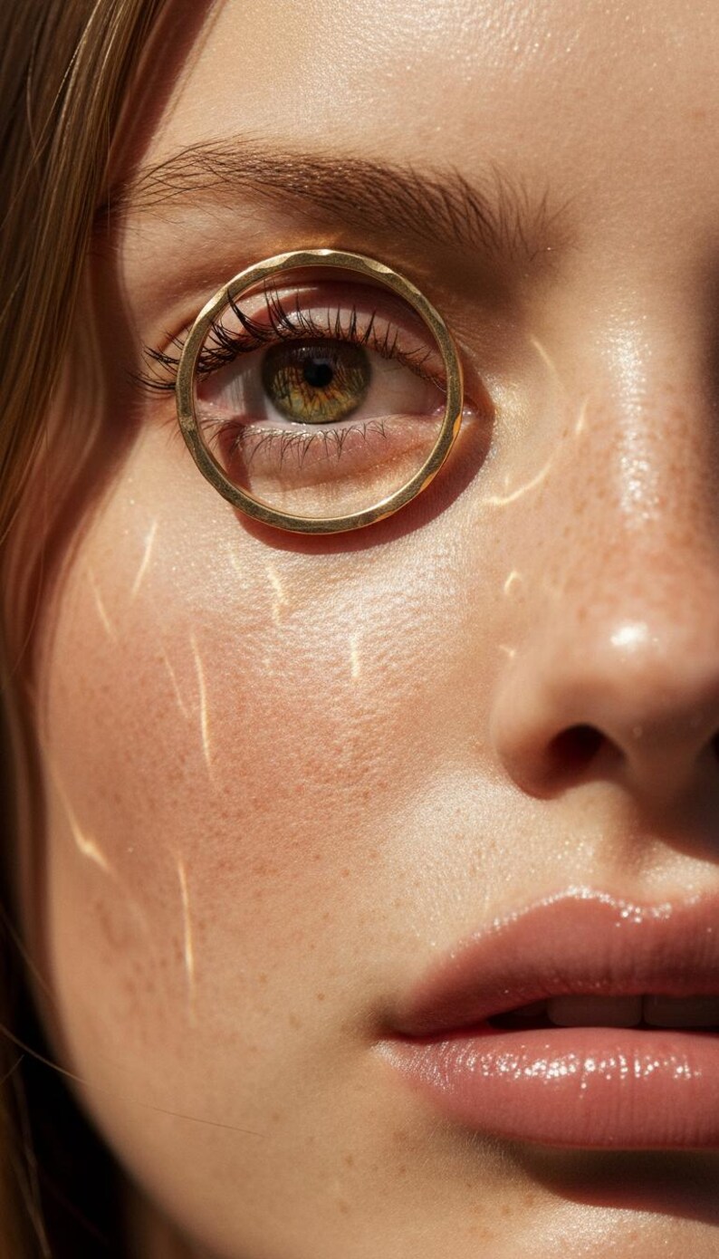 Puede incluir: Primer plano de un rostro con un anillo dorado que enmarca el ojo. El ojo es verde con largas pesta&ntilde;as. La piel tiene pecas y est&aacute; iluminada por la luz del sol, creando un juego de luces y sombras. Los labios son brillantes y rosados.