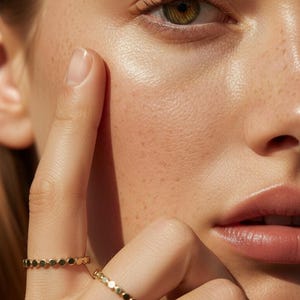 Puede incluir: Primer plano de un rostro con un anillo de oro en el dedo. El anillo presenta una serie de peque&ntilde;as formas circulares conectadas. La piel tiene pecas y un brillo saludable. El ojo es verde y los labios son de un rosa natural.