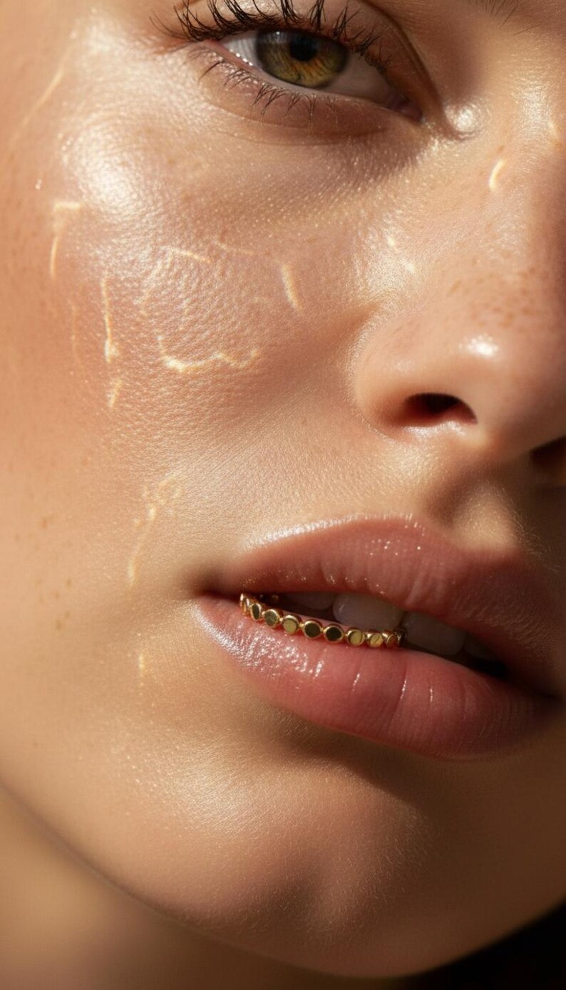 Puede incluir: Primer plano de un rostro con un anillo labial dorado. El anillo est&aacute; hecho de peque&ntilde;as cuentas redondas doradas. Los labios de la persona son brillantes y la piel tiene un aspecto h&uacute;medo.
