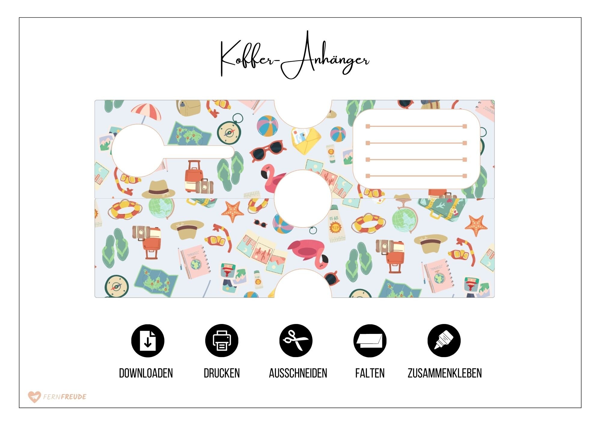 Kofferanhänger-Vorlage zum Ausdrucken, 2 schöne Designs, digitale Datei