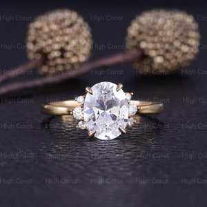 Oval cut Moissanite engagement ring vintage Unique engagement ring Yellow gold Round cut diamond wedding ring Bridal ring Anniversary ring