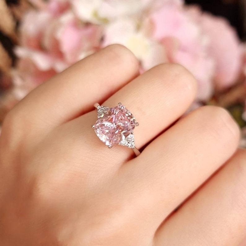 Cushion Cut Pink Diamond Ring, 3 Stone Style Engagement Ring 3CT Fancy Pink Diamond Sterling Silver Ring, Pastel Pink Diamond Solitaire Ring