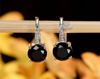 Round Black Stone Hoop Earrings For Women, Wedding Jewelry, Vintage Fashion Black Crystal Moissanite, Silver Color Dainty Earrings