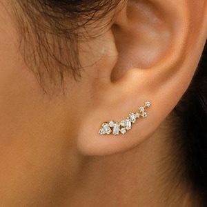 Baguette and Round Bar Stud Climber Crawler Earring, Cartilage Stud Helix Stud Tragus Earring Flat Back Earring, Silver Prong Set Earring