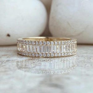 Baguette and Round Cut High Quality Moissanite Three Row Diamond Ring, Delicate Vintage Bridesmaid Ring, Unique Handmade Ring For Women&#39;s