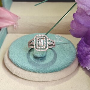 Emerald Cut Moissanite Engagement Ring, Emerald and Round Moissanite, Split Shank, Handmade Double Halo Ring, Anniversary Gift for Women