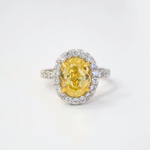 Classic 2.00 CT Oval Cut Canary Yellow Moissanite Halo Engagement Ring, Pave Set Wedding Ring,Anniversary Ring, Bespoken Ring, Designer Ring