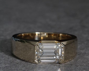 Emerald Cut Men&#39;s Moissanite Diamond Ring, Art Deco Half Bezel Solitaire Ring Engagement Ring, Statement Ring Gift For Husband ,Promise Ring