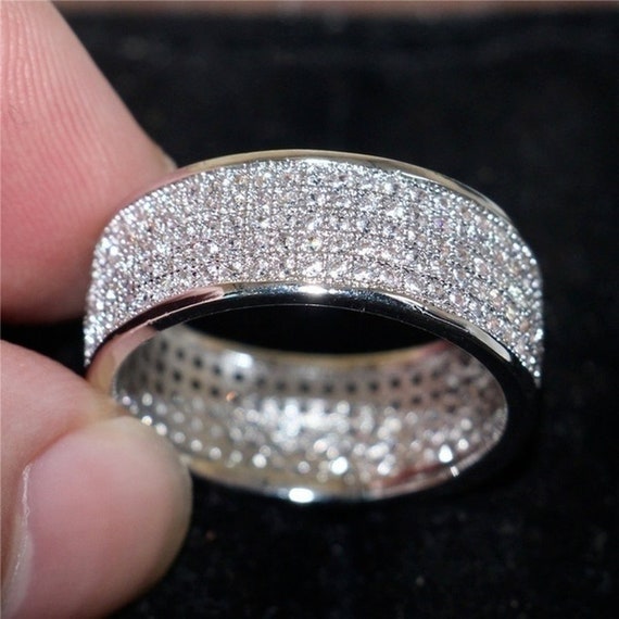 Round Cut Moissanite Diamond Band, 5 Row Diamond Wedding Band, Micro Pave Set Promise Band, Full Eternity Band Gift For Her, 925 Silver Band