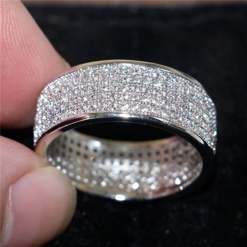 Five Row Moissanite Wide Band, Micro Pave Set Wedding Band Ring, Full Eternity Band, Art Deco Anniversary Rings For Women, Silver Band Ring