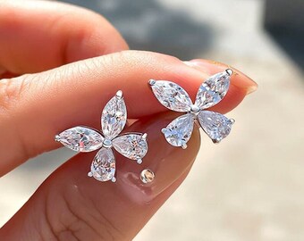 Marquise & Pear Cut Diamond Earrings, 0.53 TW Moissanite Diamond Earrings, Flower Design Earrings, Screw Back Earrings, Anniversary Gift