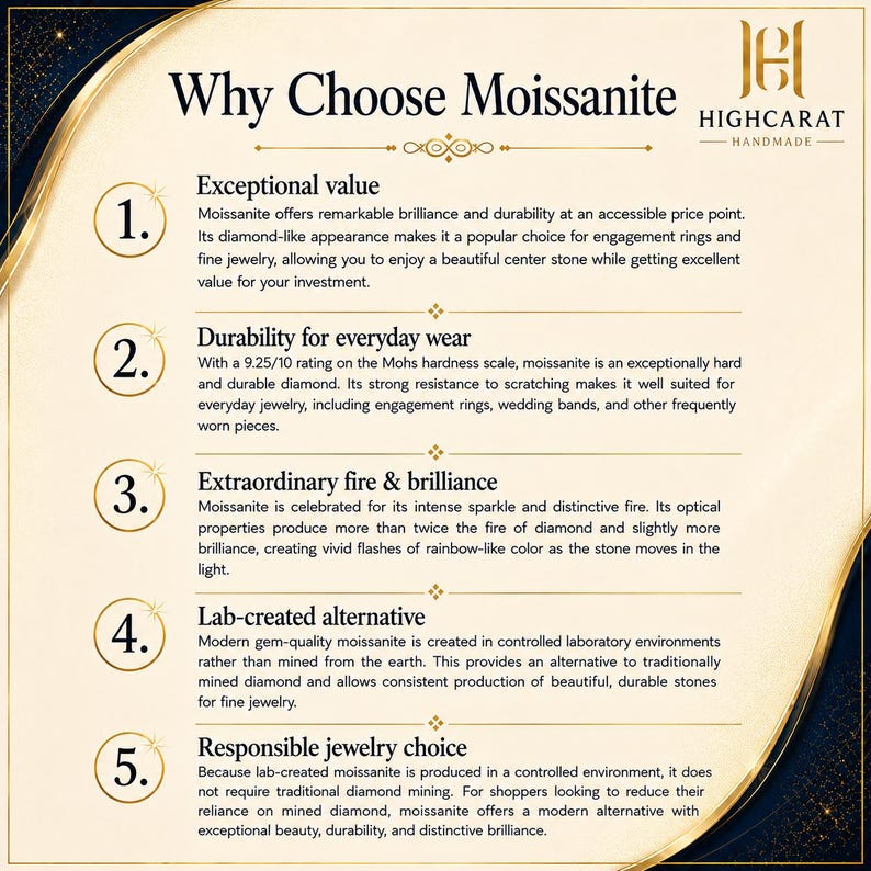 May include: An informational graphic titled Why Choose Moissanite by Highcarat Handmade. It lists five numbered points detailing the benefits of moissanite, including its value, durability, fire and brilliance, lab-created origin, and ethical sourcing.