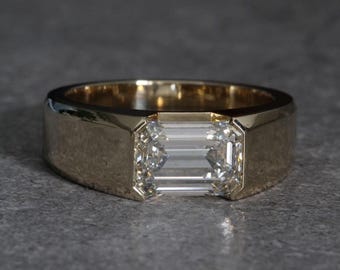 Emerald Cut Moissanite Diamond Ring, Vintage Solitaire Men's Engagement Ring, Bezel Set Ring, Unique Wedding Ring Gift For Husband