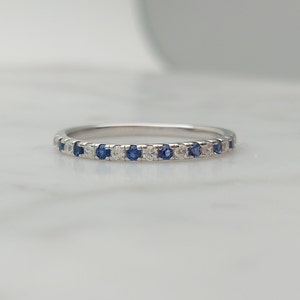 1.8mm wide Lab Blue & White Sapphire Half Eternity ring in white gold or Silver, stacking ring, handmade wedding band, Anniversary Gift Band