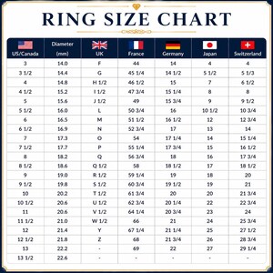 May include: A ring size chart featuring a table with columns for US/Canada, diameter in millimeters, UK, France, Germany, Japan, and Switzerland sizes. The chart displays numerical and letter-based sizing conversions for rings in a grid format.