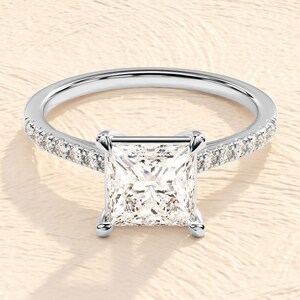 Princess Cut Engagement Ring 14K Silver Promise Ring, 1.00 - 1.50 - 2.00 CT  Moissanite Half Eternity Ring Four-Prong Princess Diamond Ring
