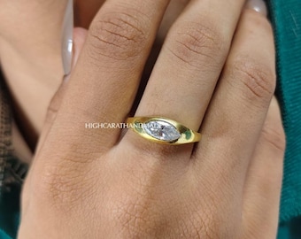 Marquise Cut Moissanite Diamond Ring, Solitaire Engagement Ring, Bezel Set Vintage Promise Ring, Unique Handmade Ring Gift For Her