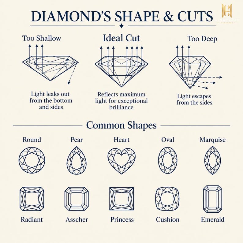 May include: An educational infographic titled DIAMOND'S SHAPE & CUTS. The top section illustrates light reflection in Too Shallow, Ideal Cut, and Too Deep diamonds. The bottom section displays Common Shapes: Round, Pear, Heart, Oval, Marquise, Radiant, Asscher, Princess, Cushion, and Emerald.