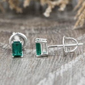 Emerald Cut Moissanite Stud Earrings, Lab Created Emerald Green Fancy Diamond Silver Solitaire Diamond Earring, Screw Back Prong  Earring