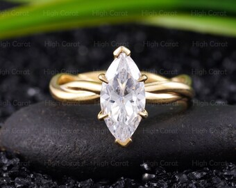 2 ct Vintage Marquise Cut Moissanite Diamond Ring, 18k Yellow Gold Ring,  Engagement ring,  Vintage Ring Set,  Wedding Ring, Moss Agate Ring