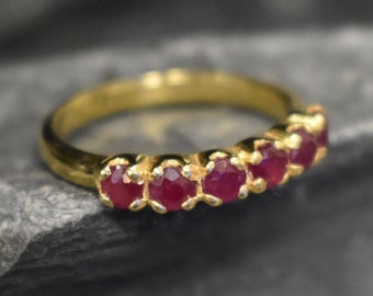14K Gold Ruby Half Eternity Ring, Dainty Anniversary Band