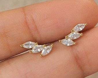 Marquise Cut Extra Small Tiny Leaf Stud Earrings,  925 Sterling Silver Leaf  Studs, Moissanite Studs, Minimalist Stud Earring, Gift for Her