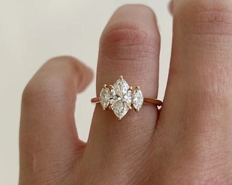 Antique Cut Diamond Wedding Ring, Marquise Diamond Engagement Ring, Three Stone Wedding Ring, Diamond Propose Ring, Anniversary Gift for Her