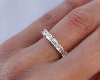 Emerald Cut Moissanite Half Eternity Band, East-West Emerald Cut Band, Shared Prong Set Band, Minimalist Band, Matching Band For Her
