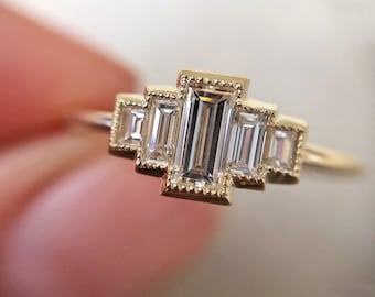 Baguette Engagement Ring, Art Deco Engagement Ring, Five Diamonds Ring, Diamond Crown Ring, Elegant Baguette Cut Ring, Anniversary Band Ring