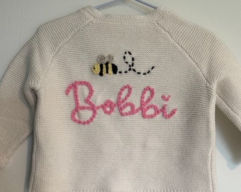 Hand Embroidered BEE Baby Name Cardigan | Hand Embroidered BEE Baby Name Sweatshirt Jacket
