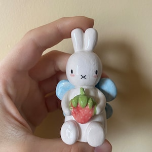 Ceramic handmade miffy holding strawberry,pottery miffy ceramic fine art home decor miffy