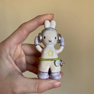 ceramic handmade miffy with headphones sculpture,miffy trinket,Unique Figurine