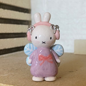 Silver bow miffy sculpture ceramic,miffy sculpture gift,ceramic miffy handmade trinket miffy