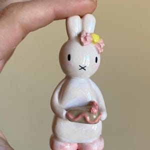Miffy ceramic with holding a cake trinket,Unique Figurine miffy cute sculpture