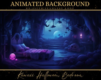 May include: A digital illustration of a kawaii Halloween bedroom featuring a bed, a bedside table and a glowing moon. The room is decorated with skulls, bats and other spooky elements. The text "Kawaii Halloween Bedroom" is at the bottom of the image.