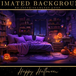 Vtuber Animated Background, Cozy Lofi Ambience Halloween Bedroom, Blue Twitch Fantasy Stream Overlay, Vtuber Seamless Looped Background