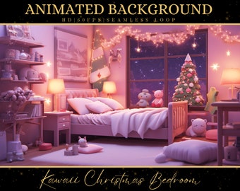 May include: A pink and white bedroom with a Christmas tree, a bed with pillows, and a bedside table. The room is decorated with fairy lights and stars. The text "Kawaii Christmas Bedroom" is at the bottom of the image.