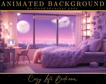 May include: A cosy bedroom with a large window overlooking a city skyline at night. The bed has a pink duvet and pillows, and there is a desk with a computer in the corner. The room is decorated with fairy lights and a large moon is visible in the sky.