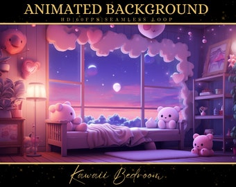 May include: A pink and purple bedroom with a large window, a bed with two teddy bears, a bedside table with a lamp, and a shelf with a picture frame and other decorations. The text "Kawaii Bedroom" is at the bottom of the image.