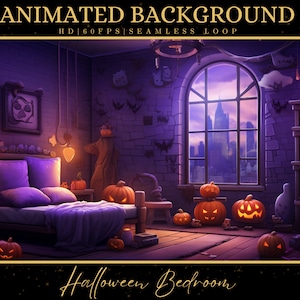 Vtuber Animated Background, Cozy Lofi Ambience Halloween Bedroom, Purple Twitch Fantasy Stream Overlay, Vtuber Seamless Looped Background