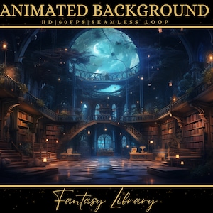 Vtuber Animated Background, Mystical Fantasy Library Scene, Dark Overlay, Twitch Stream, Looped Vtuber Background, Fantasy Stream Overlay