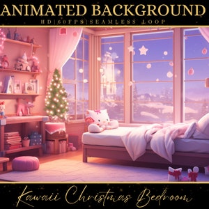 Vtuber animierter Hintergrund, gemütliches Lofi-Ambiente Kawaii Weihnachten Schlafzimmer, rosa Twitch Fantasy Stream Overlay, Vtuber Seamless Loop Hintergrund