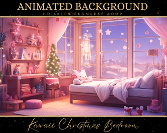 May include: A pink and white bedroom with a bed, a Christmas tree, and a window with a view of a snowy landscape. The room is decorated with Christmas lights and ornaments. The text "Kawaii Christmas Bedroom" is written in gold letters at the bottom of the image.