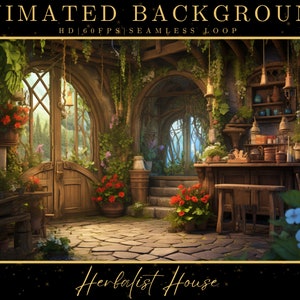 May include: A charming herbalist shop interior with a wooden door, stone walls, and a counter filled with jars and bottles. The shop is decorated with plants and flowers, and the text "Herbalist House" is visible in the foreground.